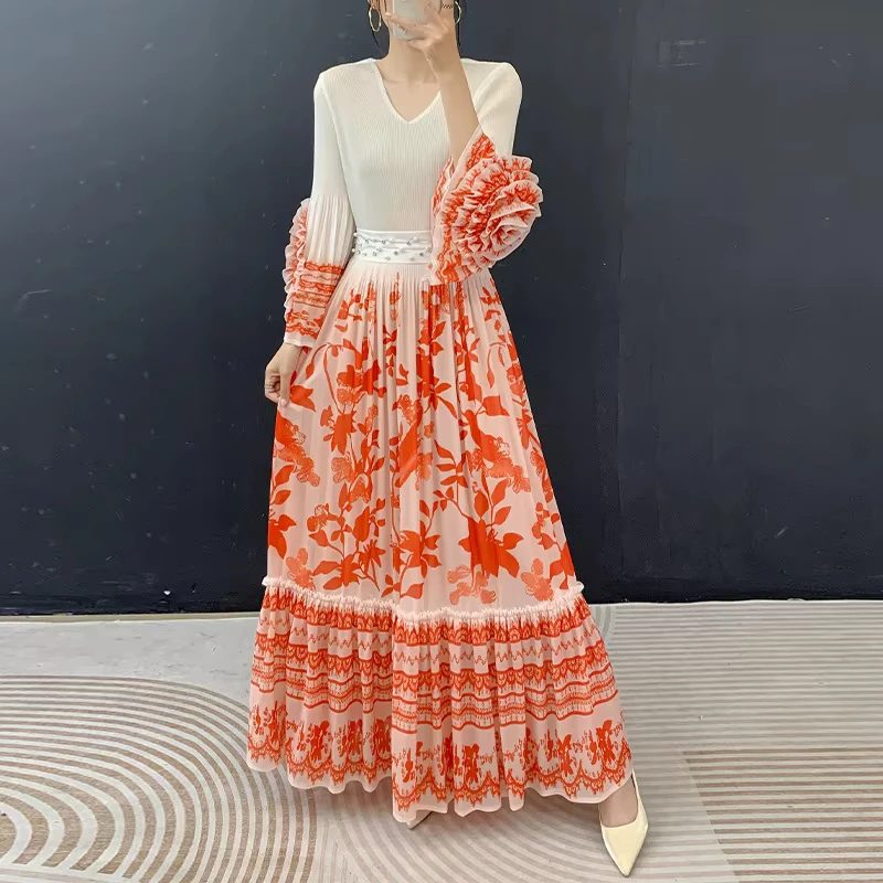 ANLAN Premium Orange Floral Print Pleated Maxi Dress Elegant Ruffle Sleeve V-neck Long Dress Women Vacation Wear 2026 Summer New