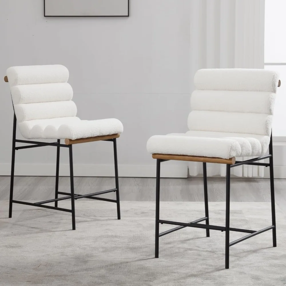

Modern Upholstered Counter Stools Set of 2, Boucle Armless Counter Height Chairs Black Metal Legs Stool with Deep Channel