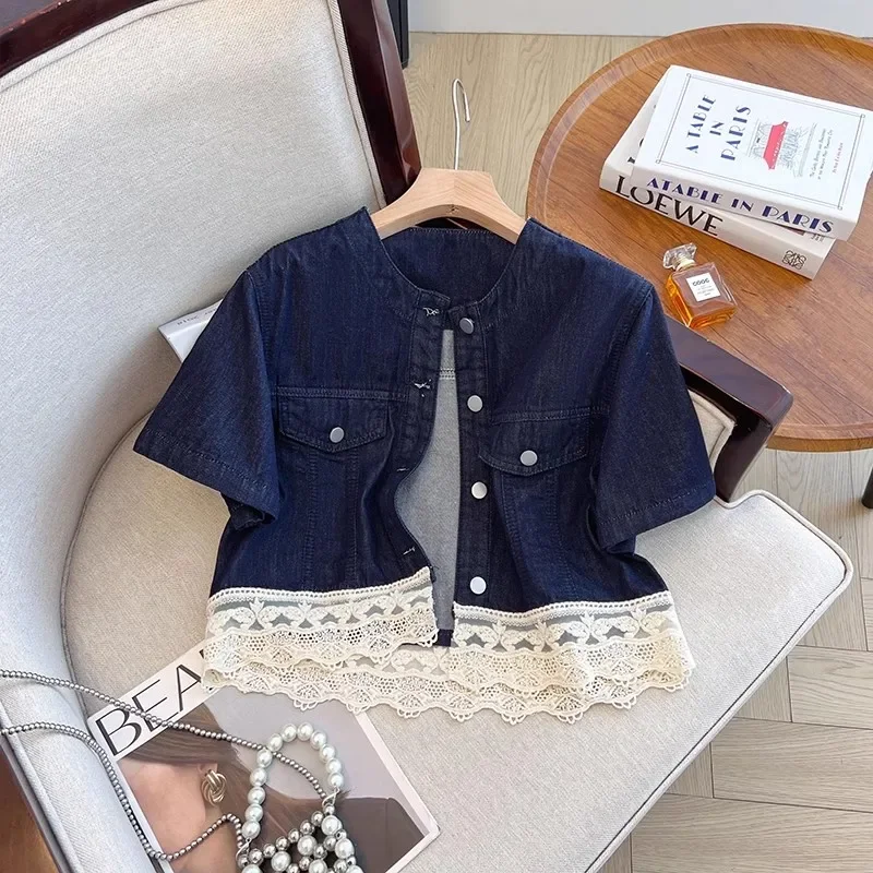 Summer New Thin Dark Blue Slim Short Denim Jacket Women Round Neck Single-Breasted Short Sleeve Lace Patchwork Jeans Jacket Coat