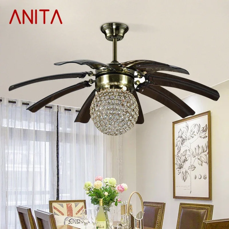 

ANITA Nordic LED Fan Light American Vintage Restaurant Living Room Study Ceiling Fan Light Remote Electric Fan Light