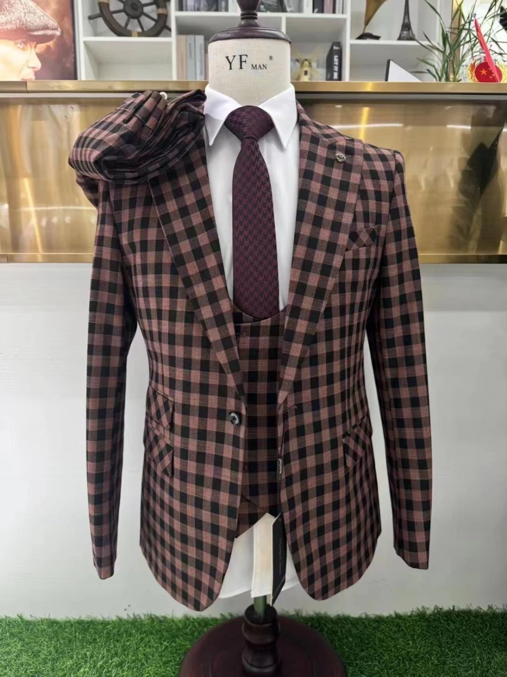 Clássico xadrez conjunto de terno de negócios para homens ternos masculinos de alta qualidade 3 peças blazer colete calças casamento melhor homem smoking personalizado