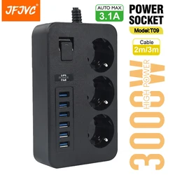 Toma de corriente de CA con enchufe europeo, tira de alimentación, cable de extensión inteligente para el hogar, enchufe eléctrico, 6 puertos USB, 3.1A, carga de teléfono, filtro de red