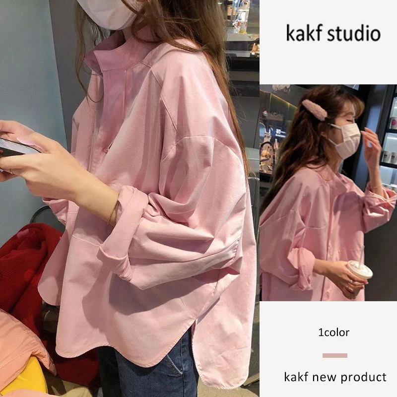 

Pink Casual Long Sleeve Shirt Women's Loose Fit Chic Design Spring Youthful Style Korean Version Straight Cut Button Detail
