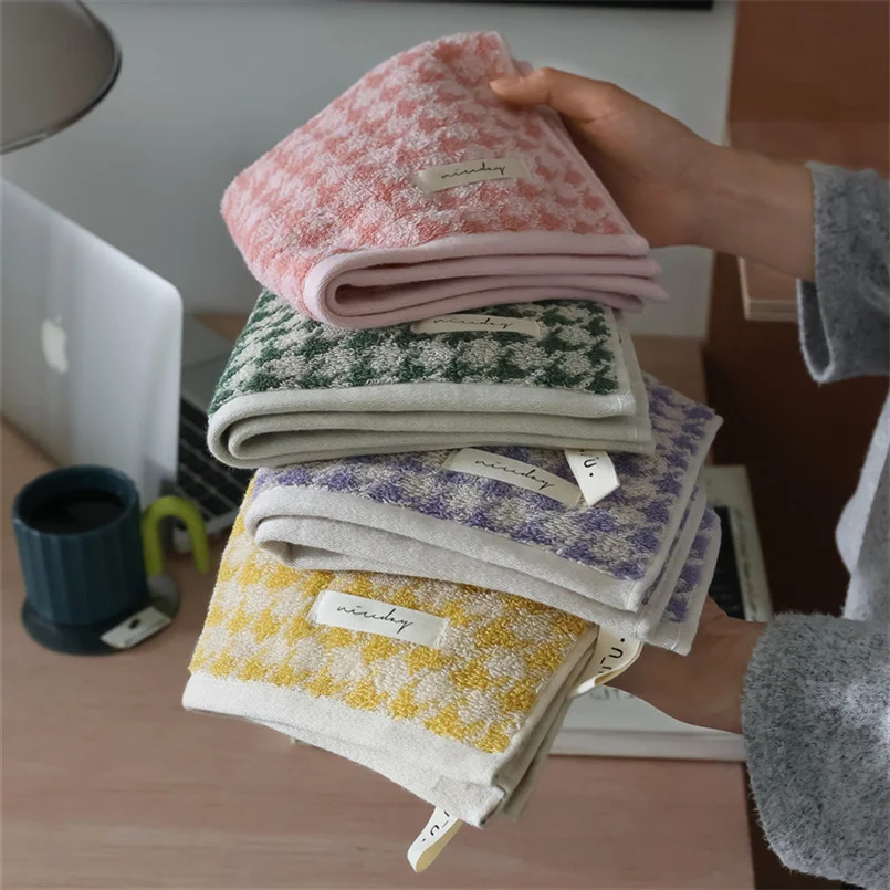 Vintage Houndstooth Embroidered Adult Absorbent Towel Classic Plaid Pure Cotton Bath Towel Skin-Friendly Soft Face Towels