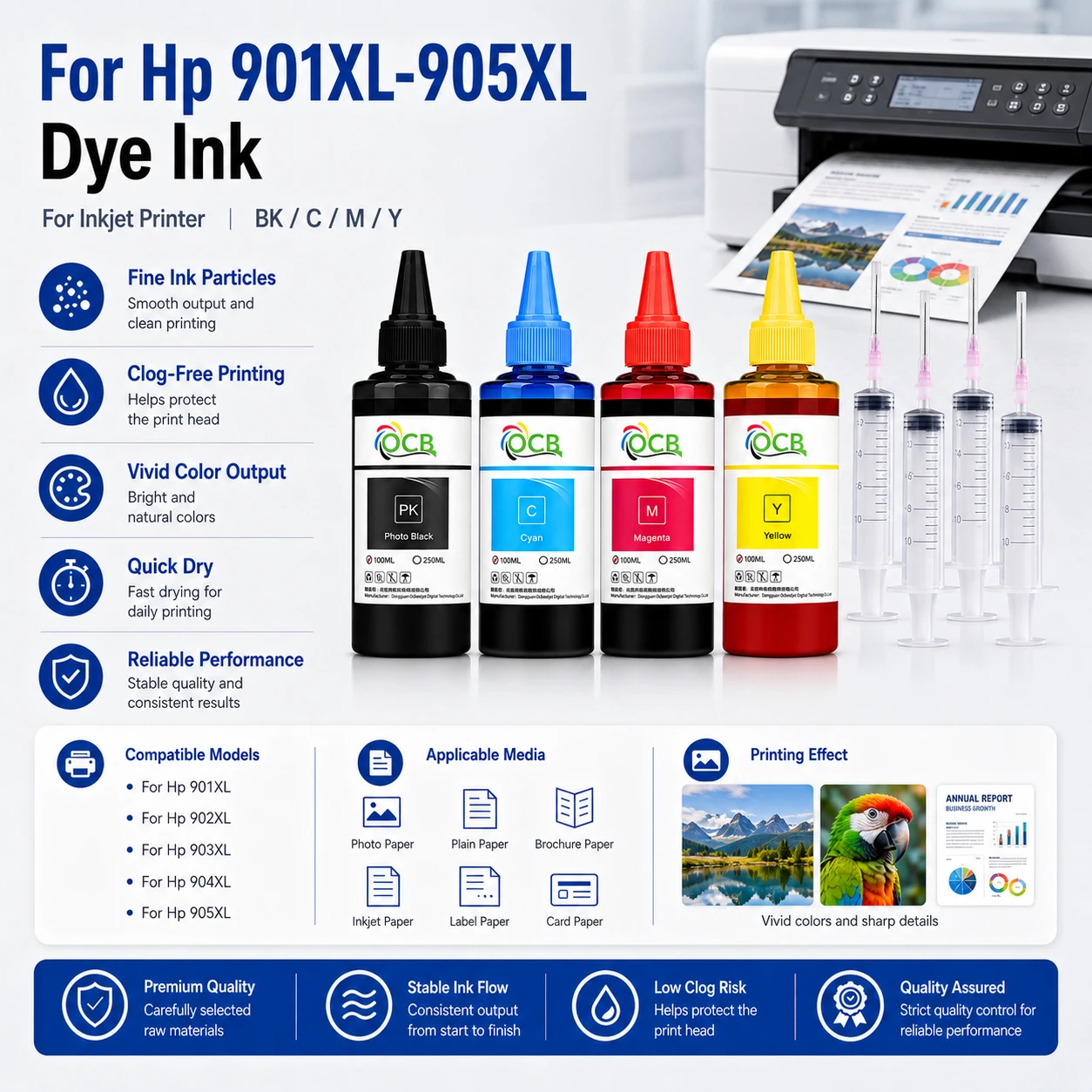 4PC x 100ml Refill dye ink For hp901 902 903 904 905 903xl 902xl 901xl for HP Officejet Pro 6960 6968 6975 6978 cartridge & ciss