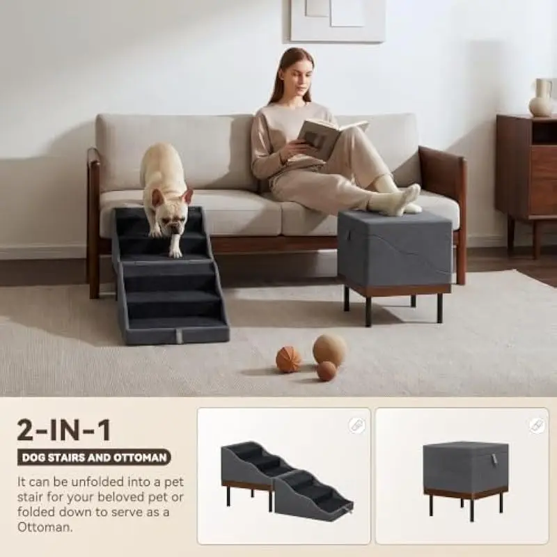 Wooden Dog Stairs with Foldable Ottoman Functionality – Gradual Slope Design for Easy Furniture Access – Non-Slip Carpeted Steps