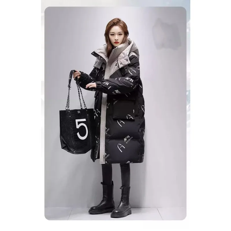 

Versatile Medium Long Printed Down Cotton Clothes for Women's Hooded Korean Version of Small Man Fashion Thickened Winter Coat