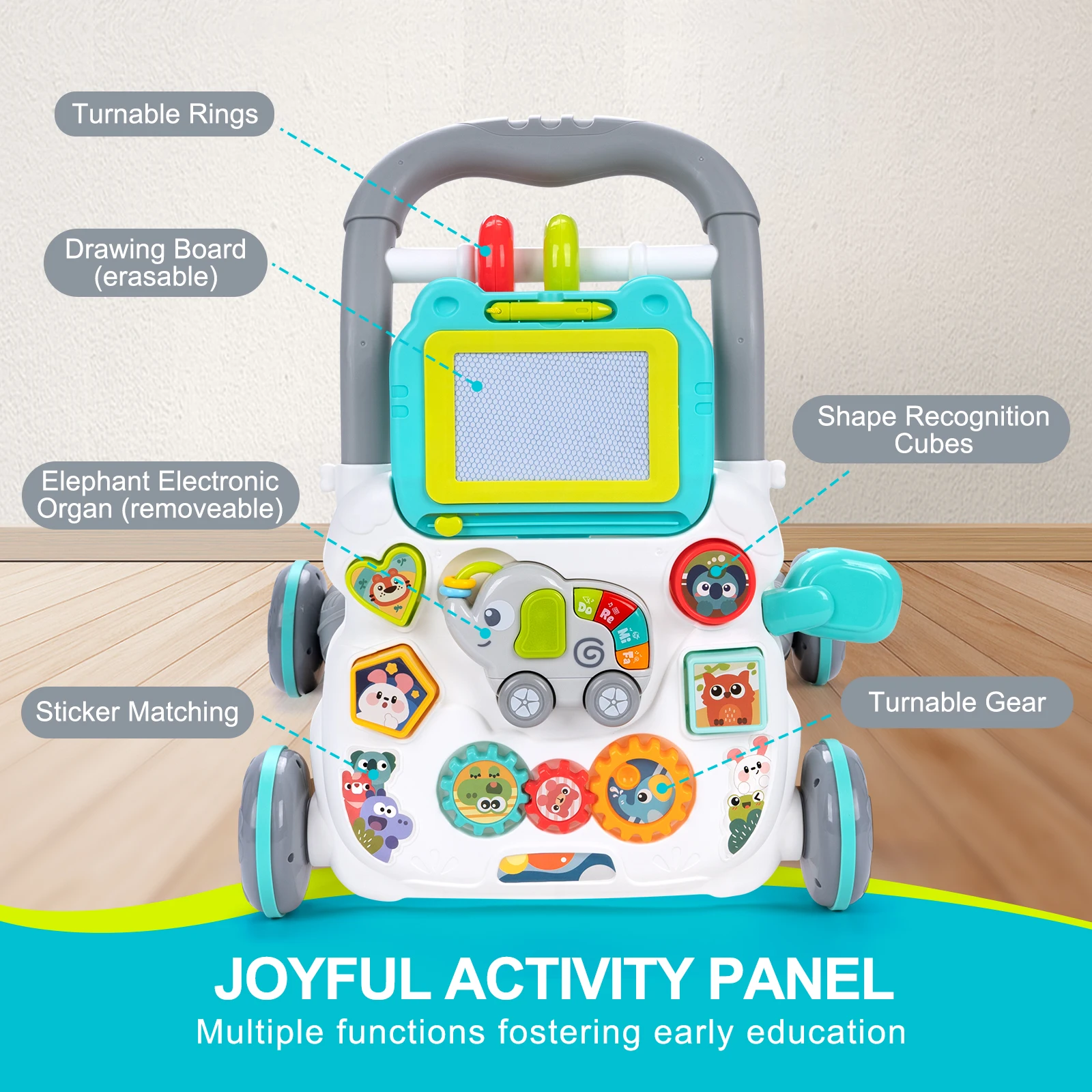Cartoon Baby Push Walker Toy with Music Drawing Board Multifunction Activity Toddler Walker Learning Walk for 6M+ Infant