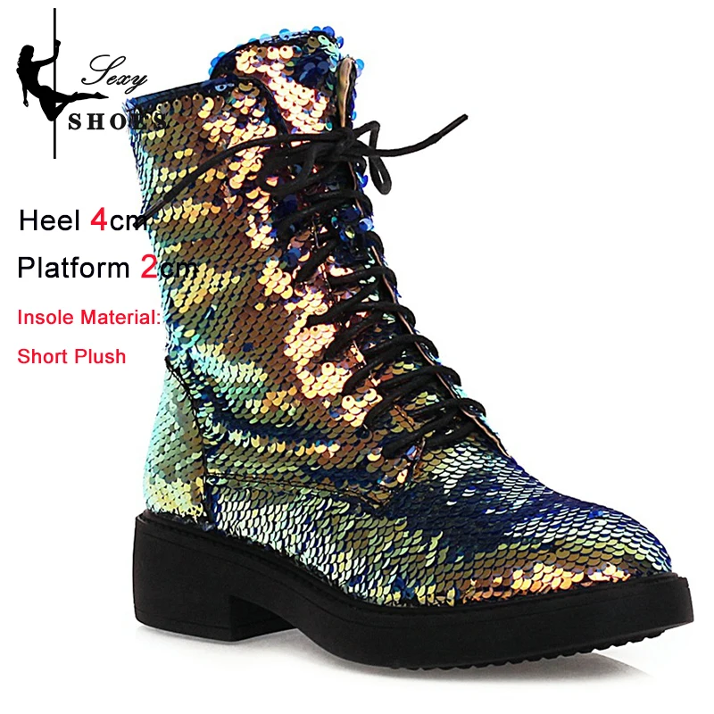 Short Plush Autumn Winter Women Ankle Boots Low Heel Round Toe Zipper Short Boots Discoloration Sequined Cloth Multi-Color Shoes