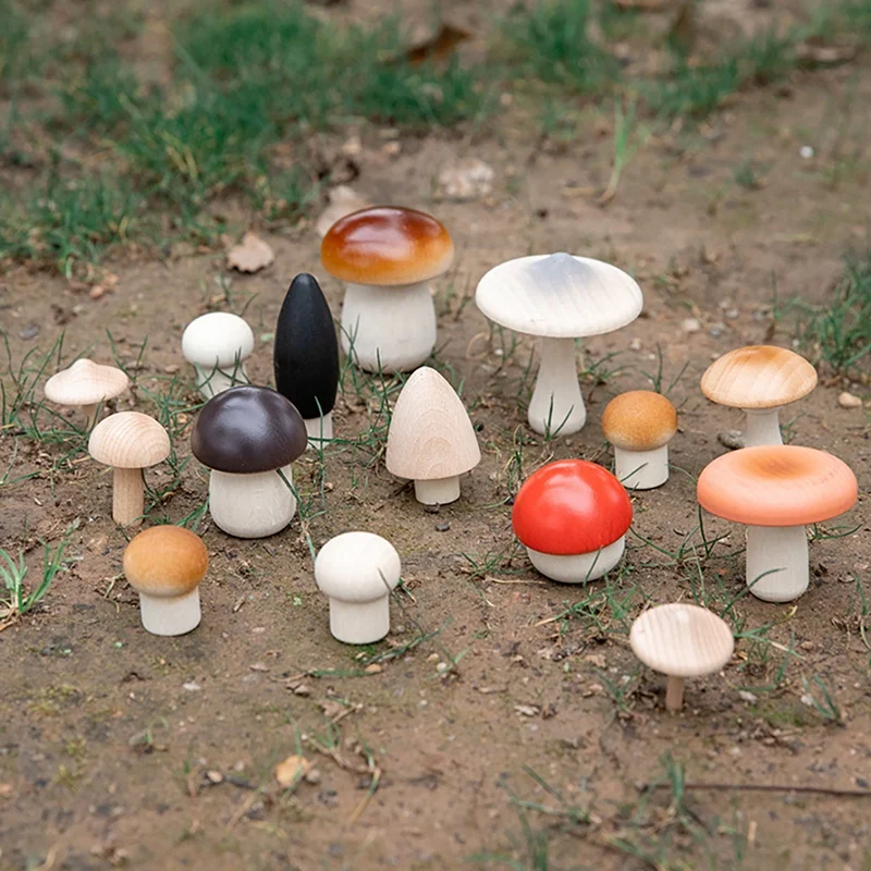 14Pcs Wooden Mushroom Set Natural Unfinished Mushroom DIY Toy Dolls Ornament Handmade Kids Toy