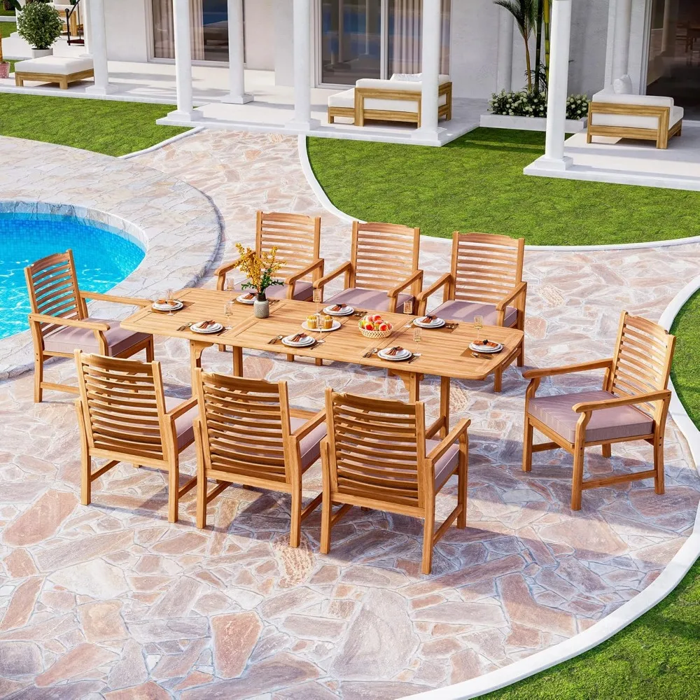 

9 Pieces Patio Dining Set for 8, Expandable Teak Dinings Table & Wooden Chairs with Cushions, Dining Furniture Set