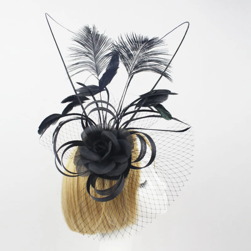 Black Flower Fascinator Hats Special Women Feather Headwear Elegant Ladies Headband for Kentucky Derby Cocktail Wedding Party