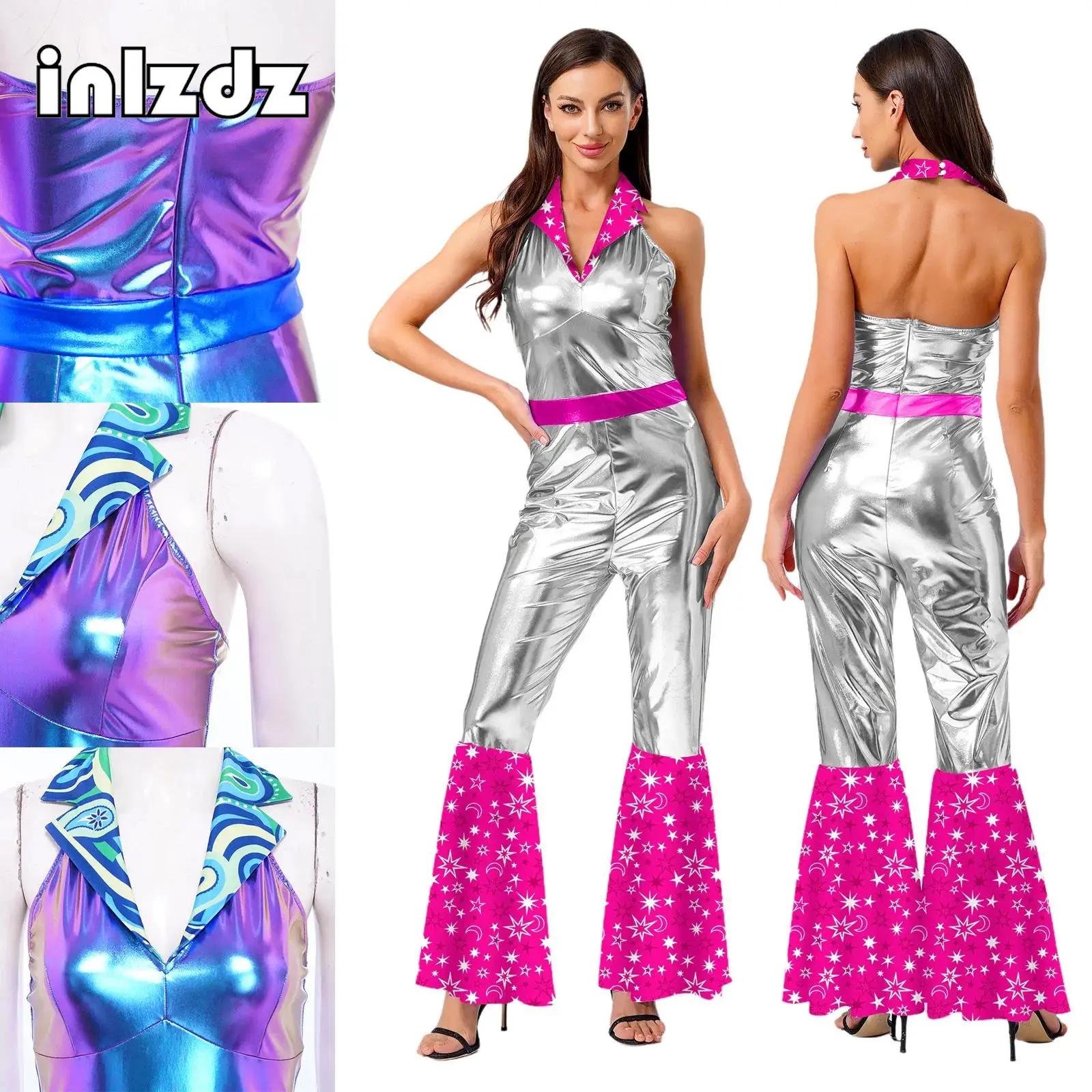 

Women Fashion Vintage Jumpsuit Halloween Themed Party Nightclub Dance 70s Disco Costume Halter Sleeveless Shinny Flared Jumpsuit