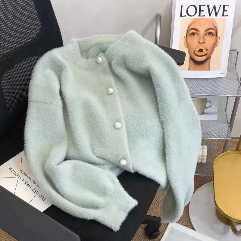 

2025 new short style milk white imitation mink fur sweater jacket, autumn and winter new style, loose and lazy style knitted car