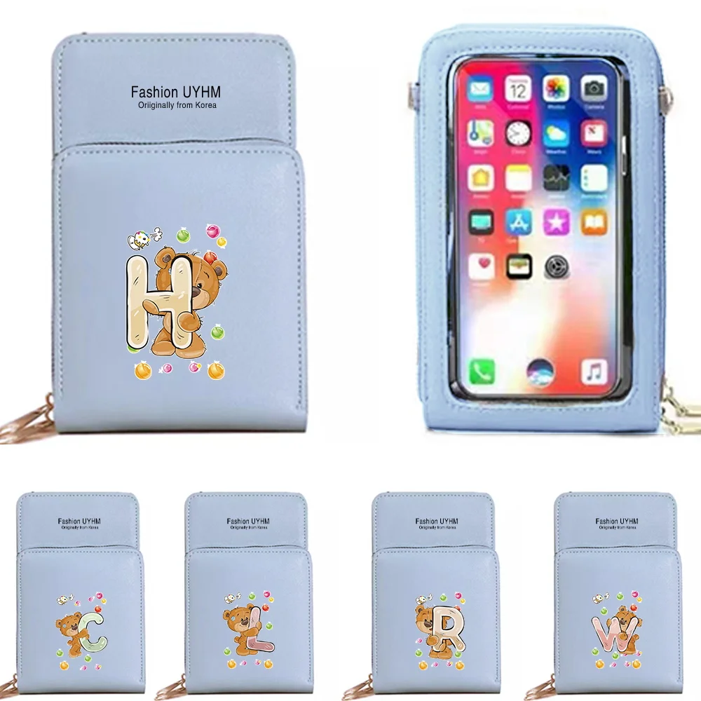 Women New Wallets Touch Screen Mobile Phone Bag Pu Leather Card Pack Female Shoulder Messenger Bags Bear Letter Print Coin Purse