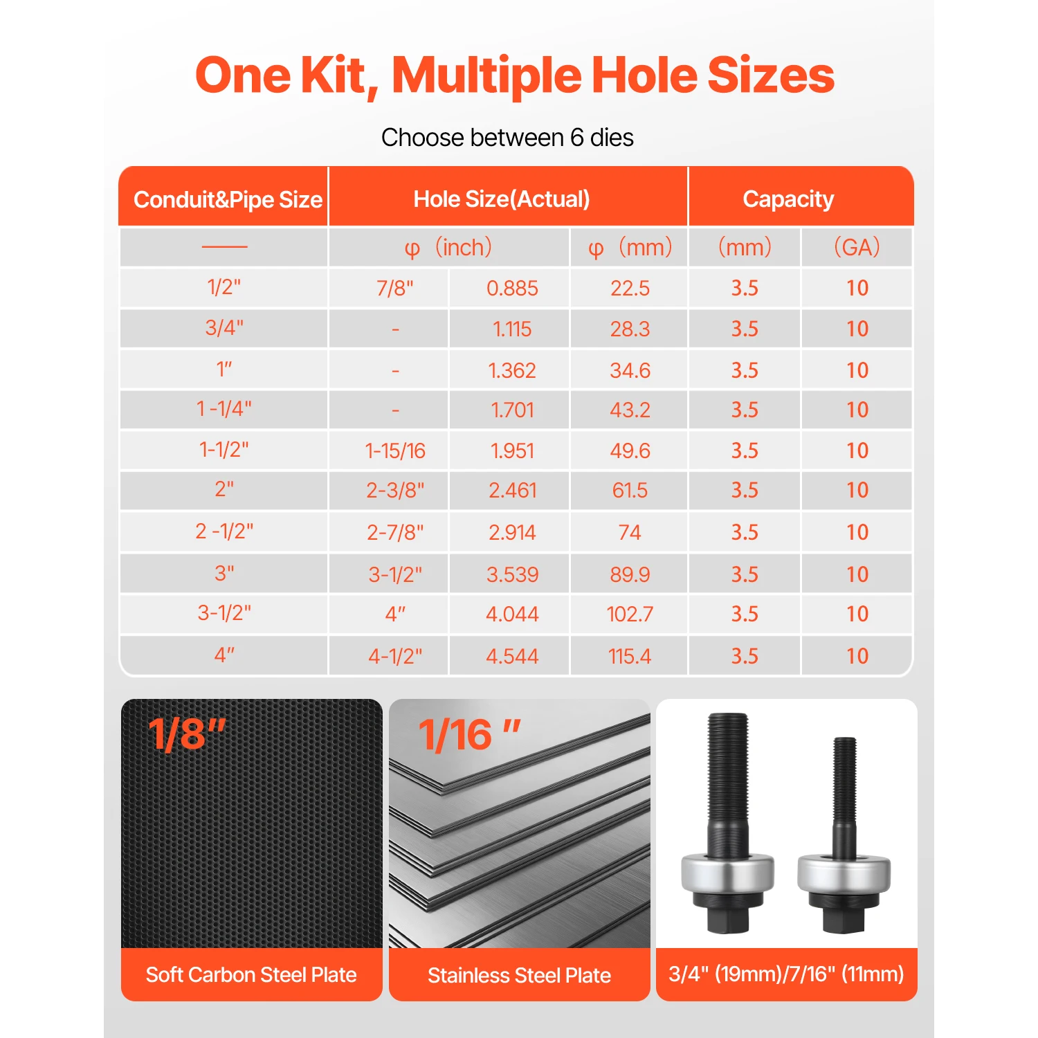 VEVOR Knockout Punch Set 1/2 to 2 in SLUG-Buster Ratchet Knockout Set for Aluminum Mild steel Fiberglass Plastics 6 Die Sizes