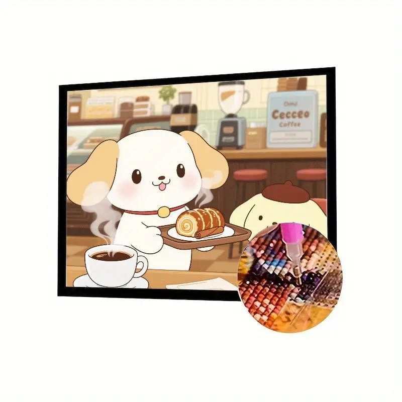 

1PC Cute Cartoon Puppy Dog in Cozy Cafe Serving Steaming Coffee & Sweet Pastry 5D Full Drill Diamond Painting Kit, DIY Round & S