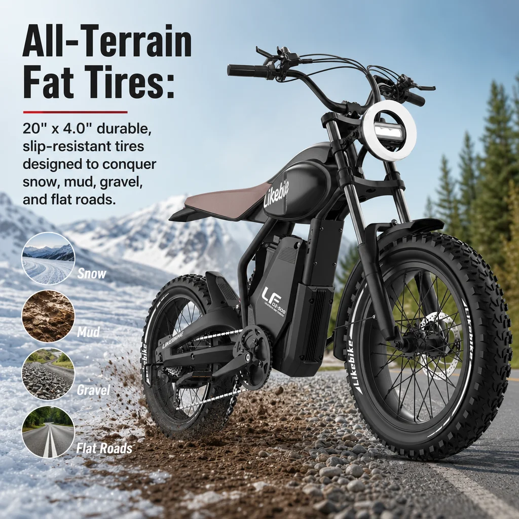 2026 New Retro Motorcycle Electric Bike 1500W Peak Motor 60+ Miles Range 20 Inch All-Terrain Fat Tire E-Bike Full Suspension Adult Electric Bicycle with Password Unlock & Smart LCD