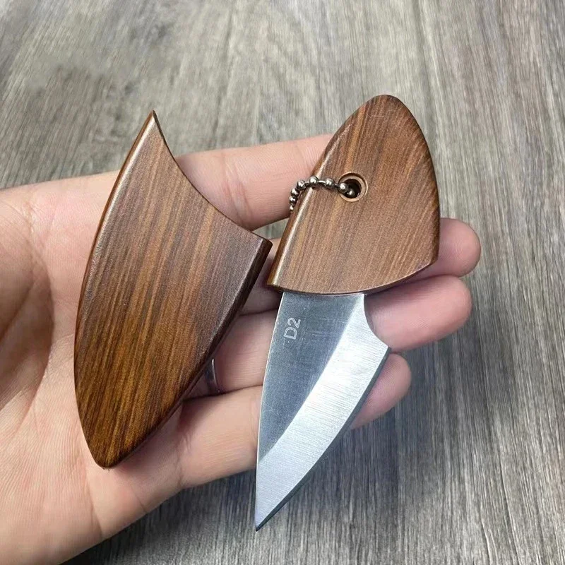 Mini D2 Blade EDC Keukenmes met houten handvat en houten schede Outdoor Camping Multifunctioneel uitpakmes