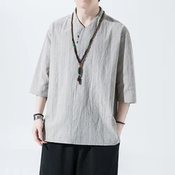 Summer Men Cotton Linen Tshirts Men Casual Solid Color Short Sleeve T-Shirt Male Chinese Style Loose Beach  Tops Tees