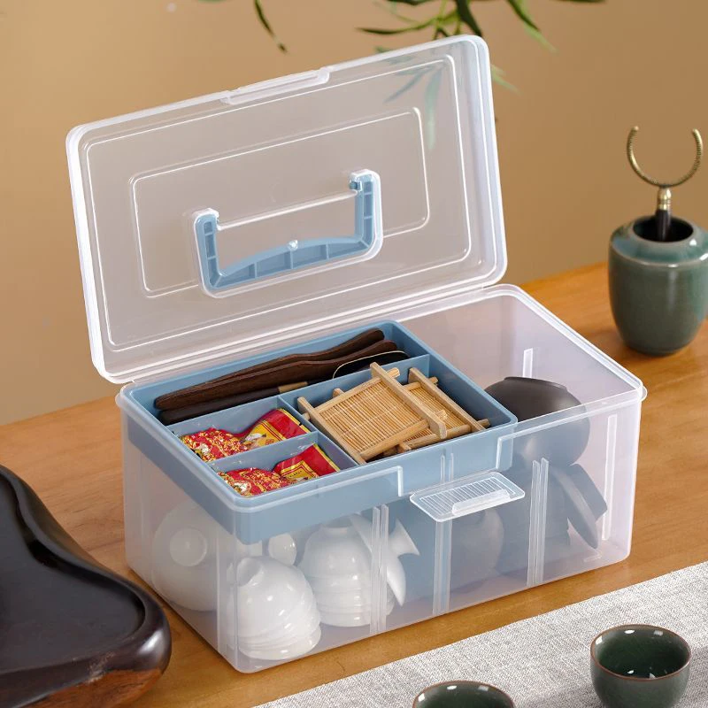 

Tea Set Desktop Storage Box Convenient Double-Layer Carry Case Transparent Multi-Functional Outdoor Home Tea Cup Organizer