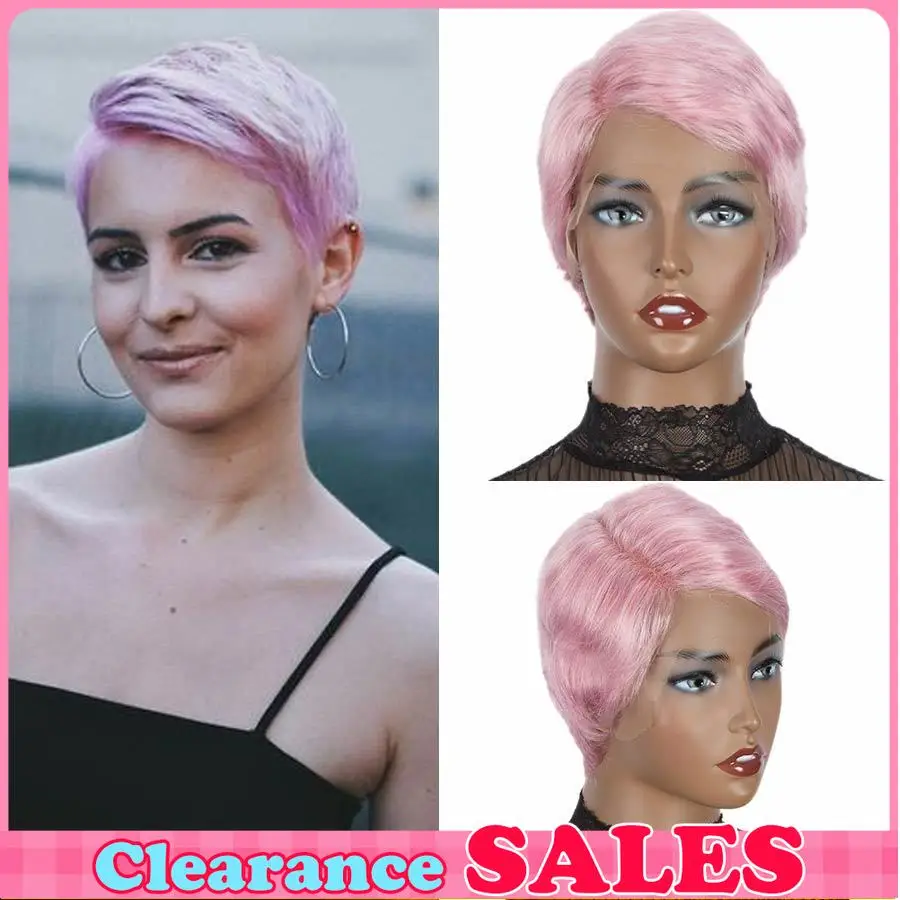 

Бразильские розовые волосы, стрижка пикси, парик из натуральных прямых волос, плотность 150%, 13x1, парик из натуральных волос на кружеве с боковой частью, распродажа