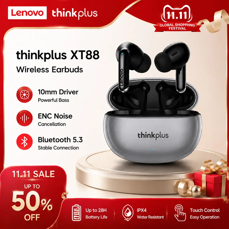 New Lenovo Thinkplus XT88 in Ear Bluetooth Earphones with Dual Microphones, Stereo Noise Reduction, Bass HIFI Touch Earphones