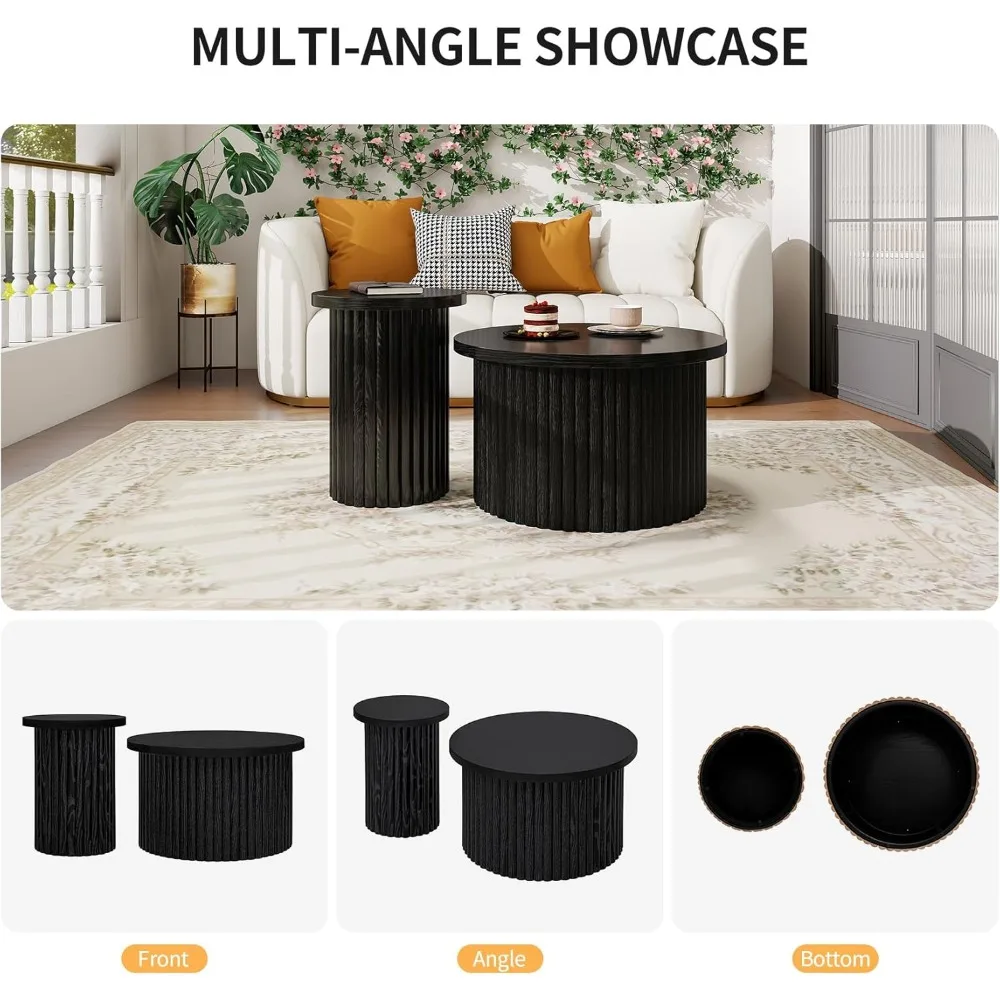 Set di 2 tavolini da caffè impilabili in legno, tavolini rotondi moderni con piedini antiscivolo, tavolini scanalati Nesting per soggiorno Bal