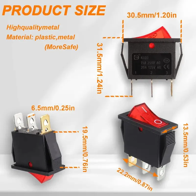 5 قطعة مفتاح الروك الضوء الأحمر مضيئة ، تشغيل/إيقاف SPST 3 دبوس 3 موقف الروك التبديل للقارب S #2