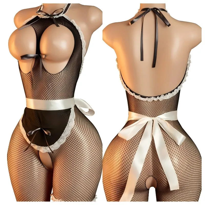 Exposed Breasts Bodystocking Apron Maid Dress Sexy Crotchless Lingerie Women Erotic Costumes Mesh Cosplay Uniform Porn Underwear - view 6