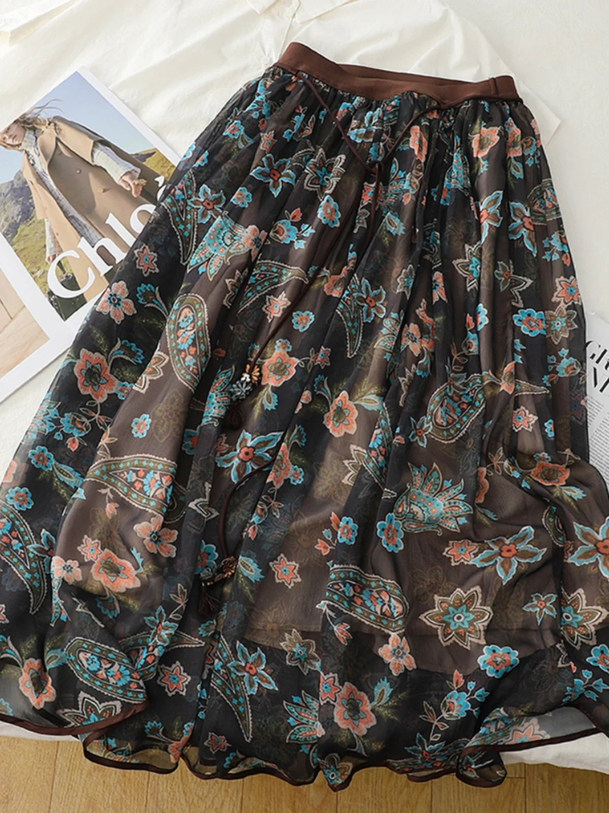 

Юбка миди А-силуэта из шифона с цветочным принтом, женская, с высокой талией, драпированная, двухслойная, из тюля, винтажный дизайн для повседневной носки