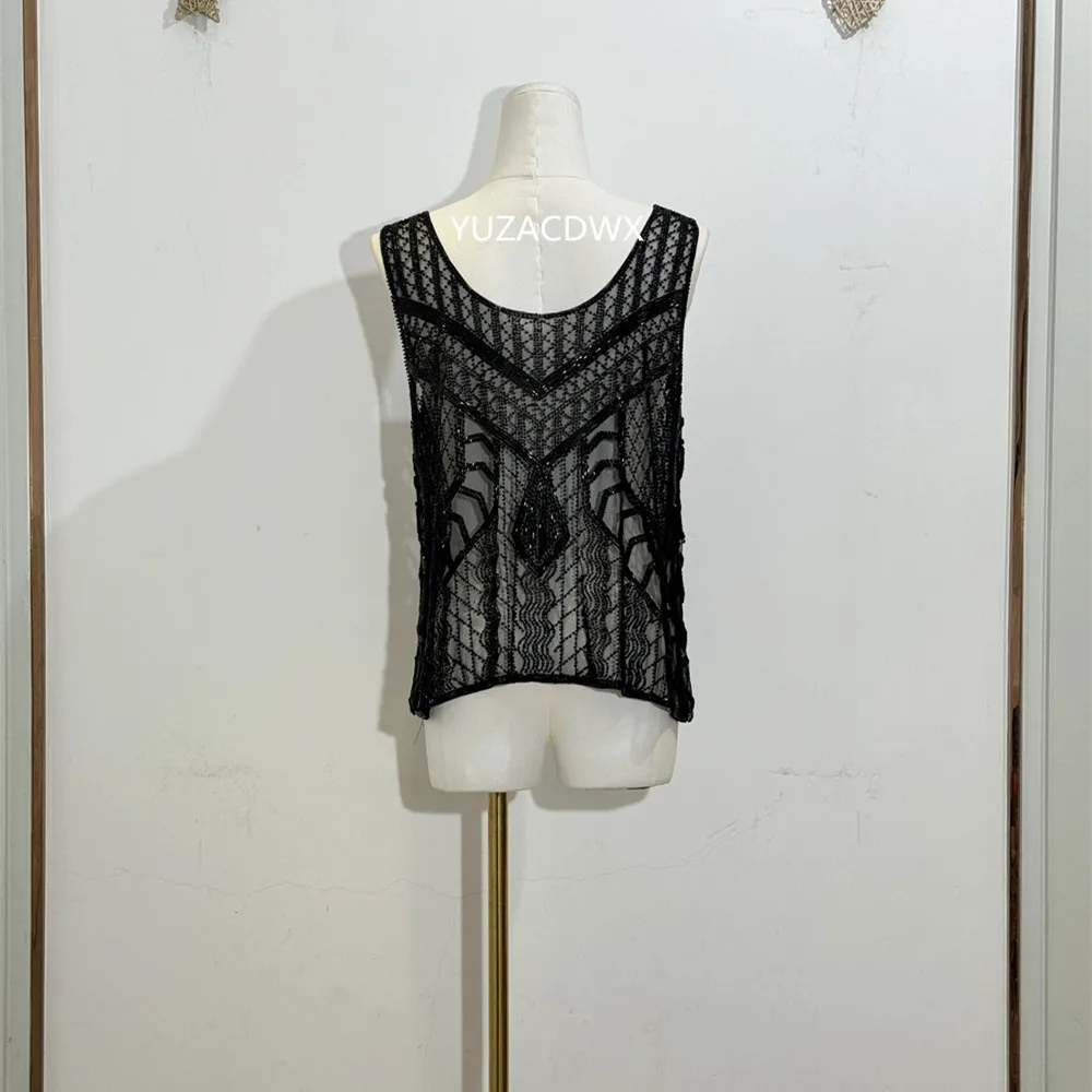 Urlaub Schwere Stickerei Samen Perlen Ärmellose Weste Frauen Mode 2-Cut Perle Handgemachte Mesh Sexy Tank Top Camis