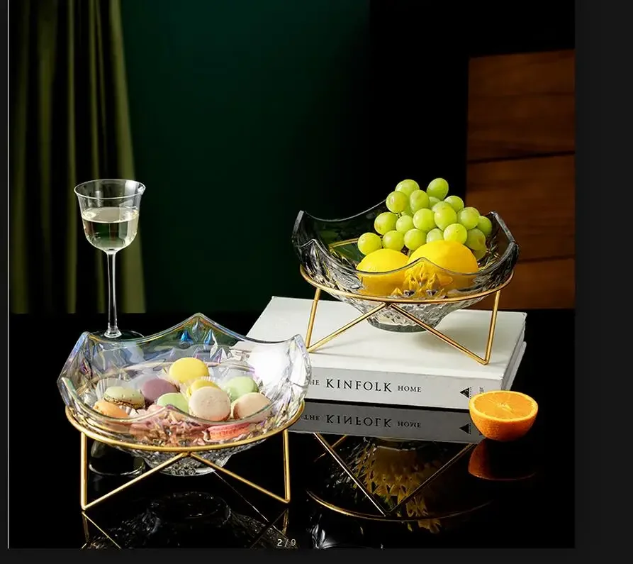 Wrought Iron Base Glass Fruit Plate Glass Bowl Candy Snack Tray Dessert Bowls Dishes Fruit Salad Bowl Decorative Plate Cake Pan