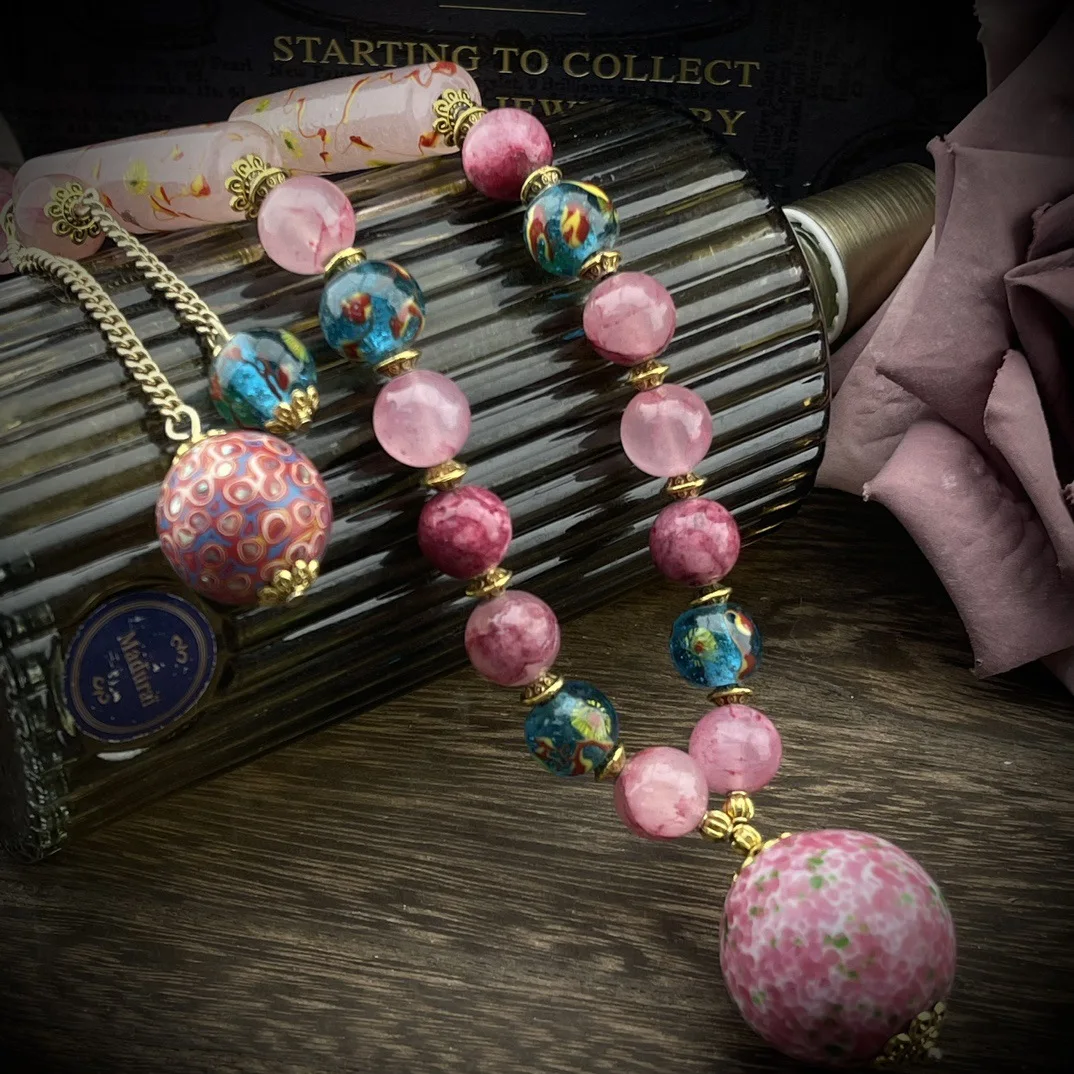 Minnan Vintage Retro Style Pink Frog Large Glass Beads Lucky Charm Necklace Delicate Linked Design for Fashion Accessories