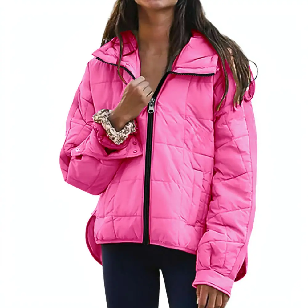 Womens Cotton Jacket Loose Hooded Long Sleeve Zipper Coat Solid Color Casual Winter Warmth Outerwear Round Hem Stylish