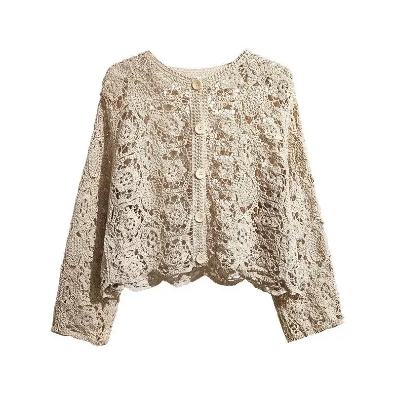 2024 Lace Small Shawl Cotton Cardigan female spring and summer o neck long sleeve solid casual Versatile Hollow Cardigan Female