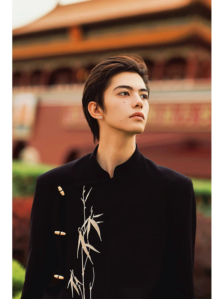 

New Chinese Sle Wedding Suit Gold Bamboo Embroidery Stand Collar Men's Formal Wear Lightweight Traditional Chinese Wedding ...