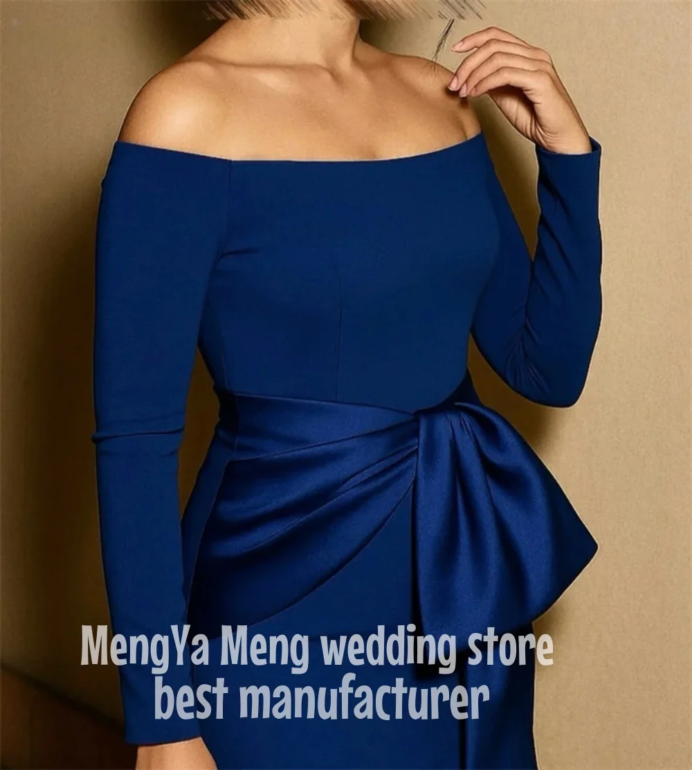 Customized Modern Blue Jersey Evening Dress Temperament Boat Neck Off the Shoulder Long Sleeves Party Dress Soft Celebrity Gowns