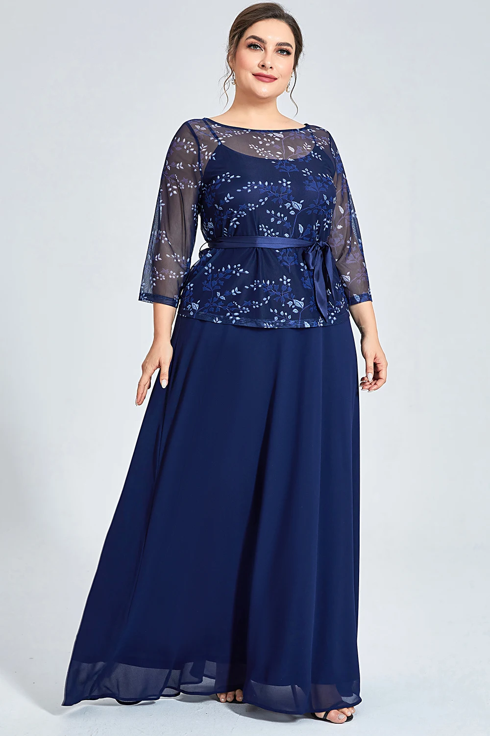 Flycurvy Plus Size Formal Navy Blue Chiffon Mesh Plant Print Lace-Up Two Pieces Maxi Dress