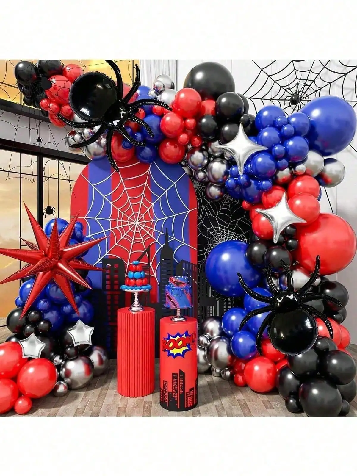 125-teiliges Schwarzes Spinnen-Folienballon-Bogen-Set, einschließlich roter, schwarzer und blauer Latexballons, geeignet für Halloween, den Aprilscherz, Spinnen-Themenpartys, Geburtstagsfeiern,
