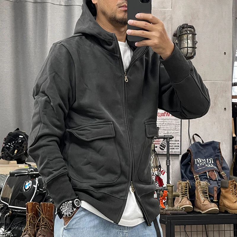 Кардиган с капюшоном, мужская однотонная куртка в стиле ретро, весенне-осенние модели, флисовый свитер в американском стиле ретро, топ на двойной молнии, тонкий повседневный