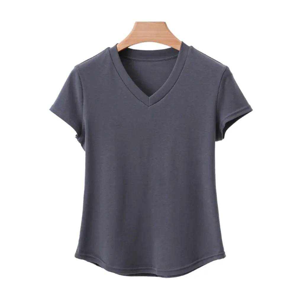 

Lenzing Modal Women's Slim Fit V Neck T-Shirt Cotton Short-Sleeved High-End Summer Top Clean Design Right Shoulder Style