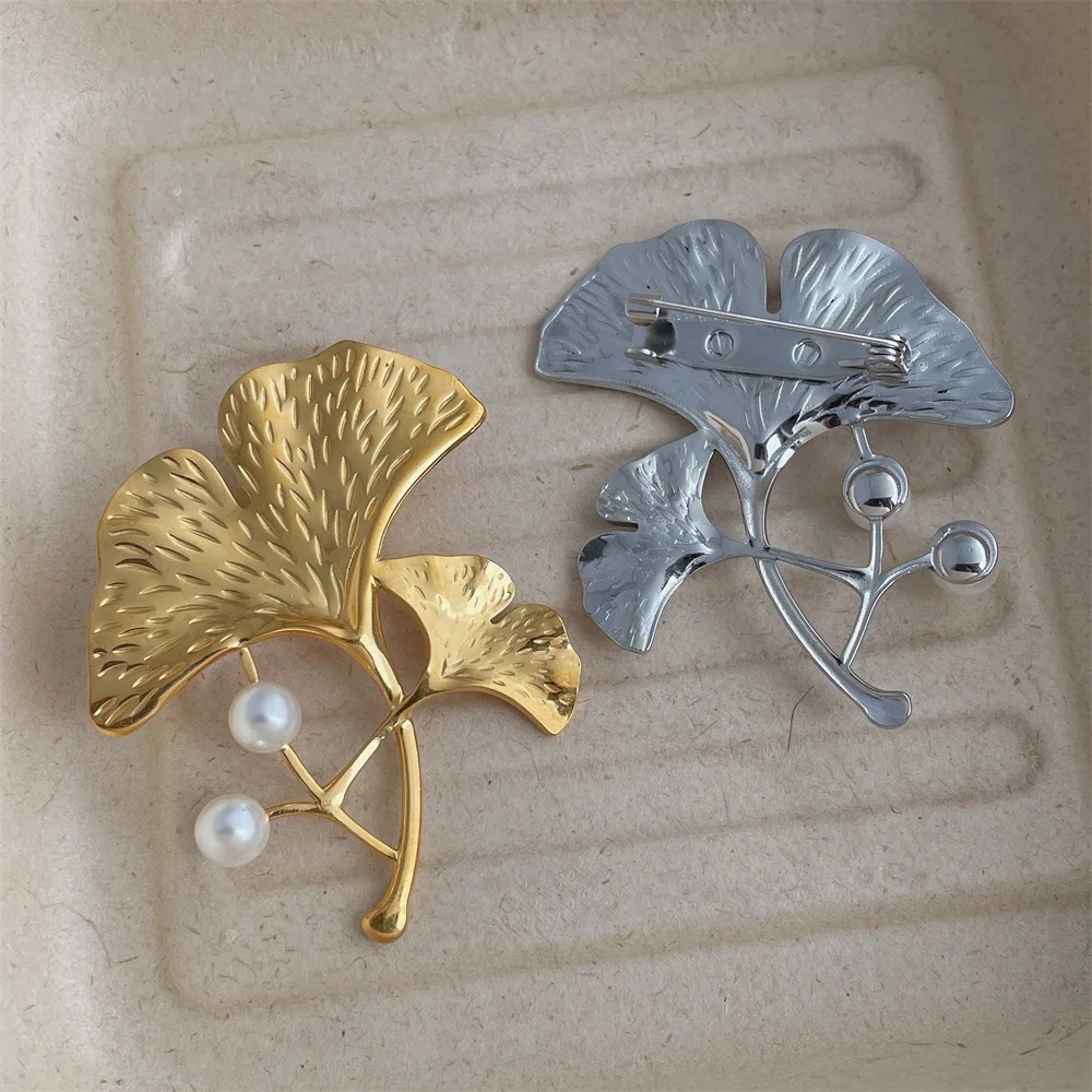 Stainless Steel 18k Gold PVD Plated Ginkgo Leaf Brooch Pin Clothes Accessories Waterproof 2025 Texture Charm Jewelry For Women