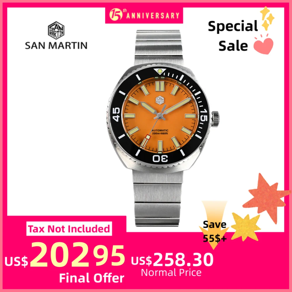 San Martin 40.5mm Original NH35 เคลือบสีส้ม Dial Men นาฬิกาดําน้ําอัตโนมัติ C3 สีเขียว Lume 20ATM Sapphire แก้ว SN0045-1