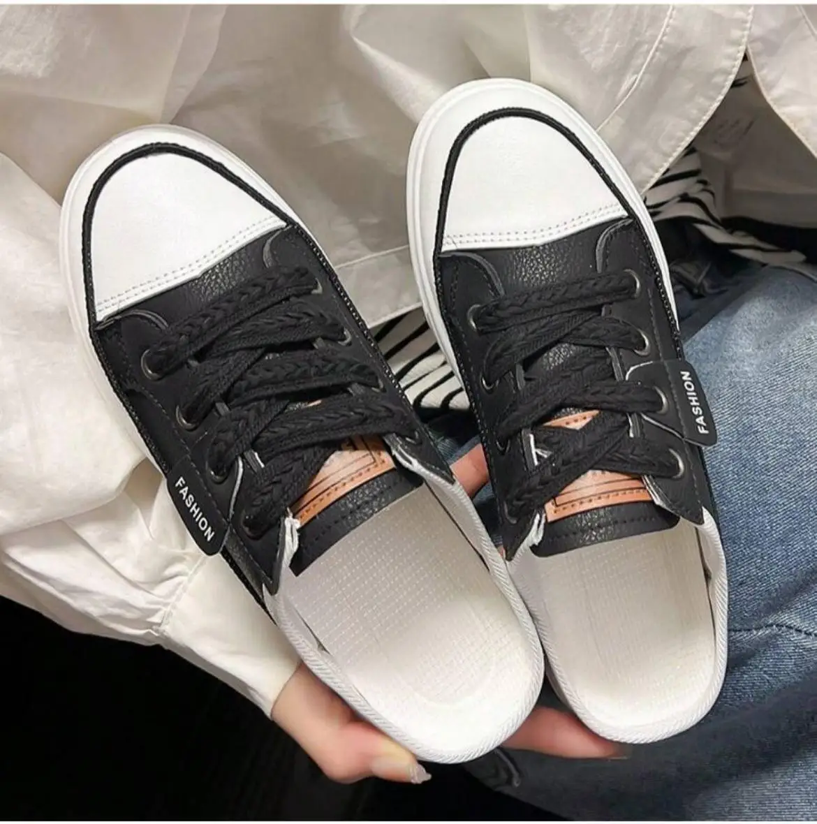 Women's Platform Slip-On Backless Canvas Sneakers Casual Mule Shoes with Closed Toe Lace-Up Walking Footwear