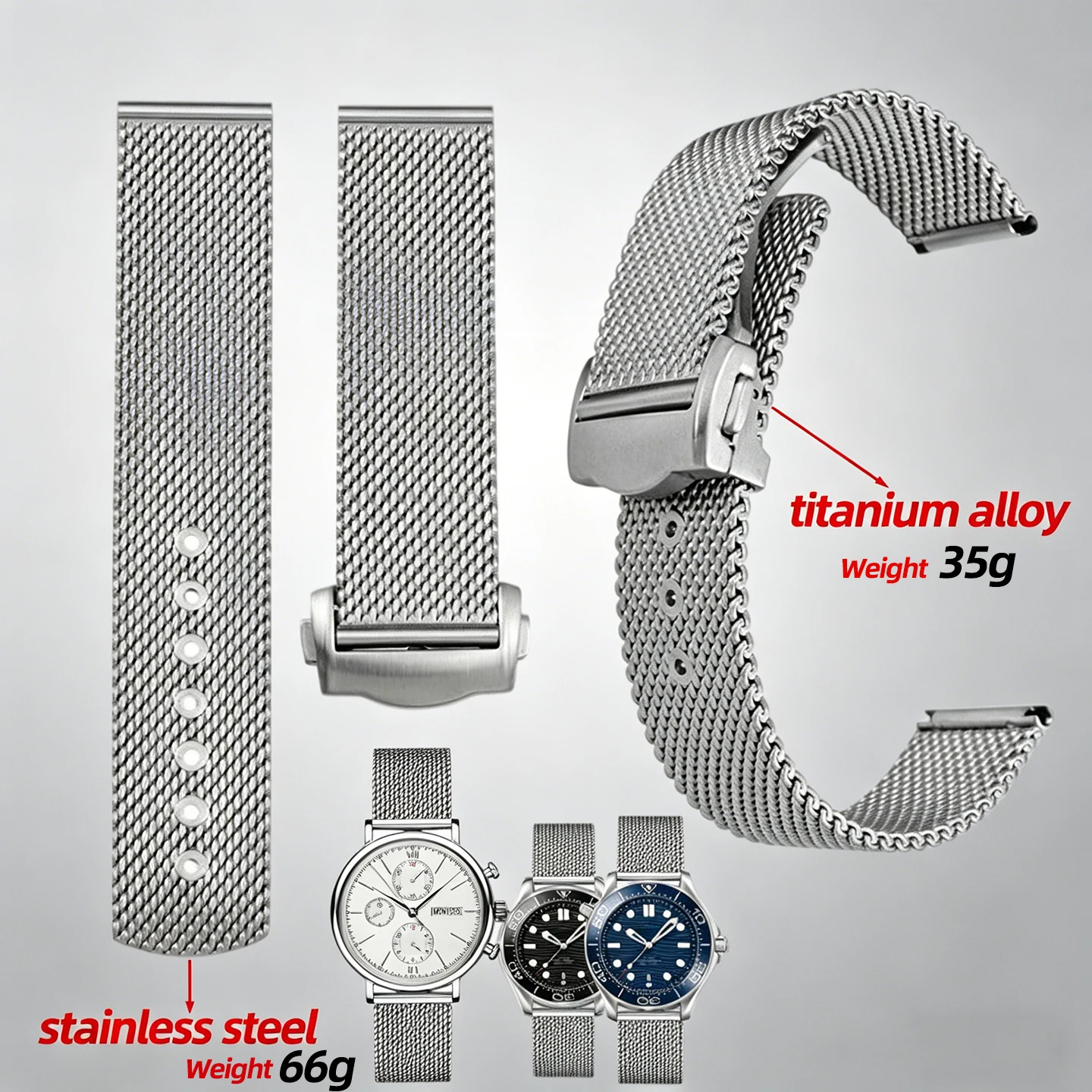 20mm Lightweight Titanium Mesh WatchBand For Omega Seamaster 300/No Time To Die 007 for IWC PORTOFINO Men's Bracelet Metal Strap