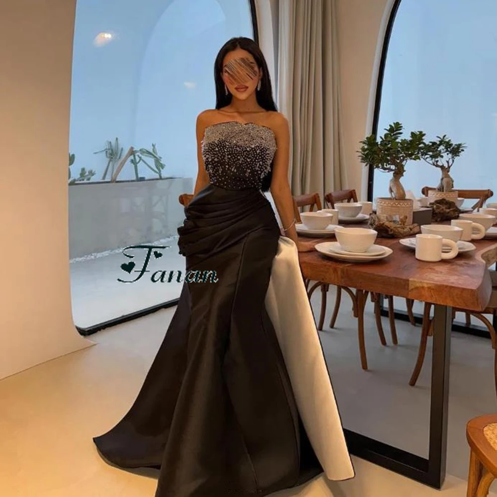 Customized Black Strapless Simple Satin Evening Dresses Mermaid With Sweep Train Sequined Pleat Floor Length Elegant Party Gowns