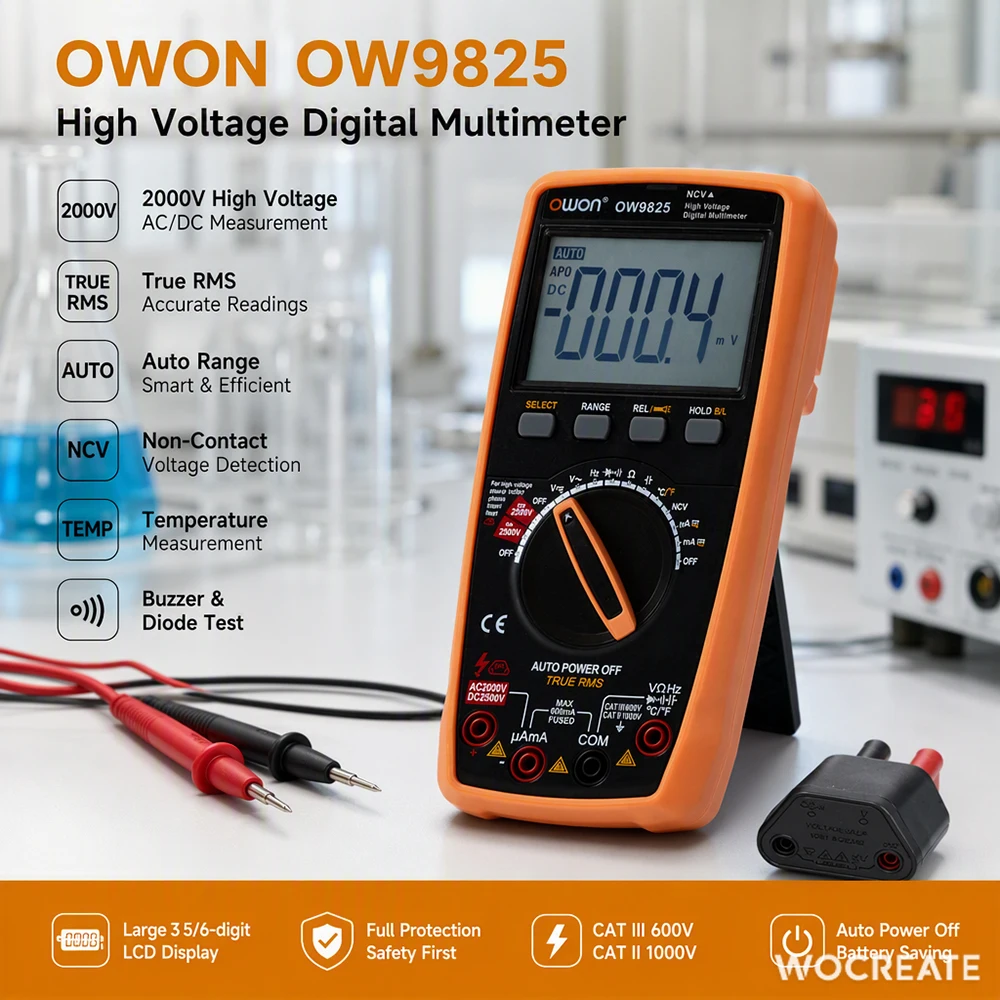 OWON OW9825 OW9820 2500V High Voltage Digital Multimeter, True RMS Auto Range DMM, 3 5/6 Digits 6000 Counts NCV for PV & Energy