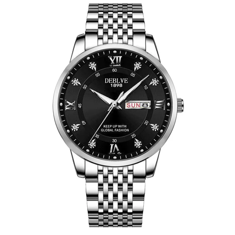 남성용 시계 스테인리스 정교한 버튼 숨겨진 버클 발광 달력 중국어 영어 스포츠 시계