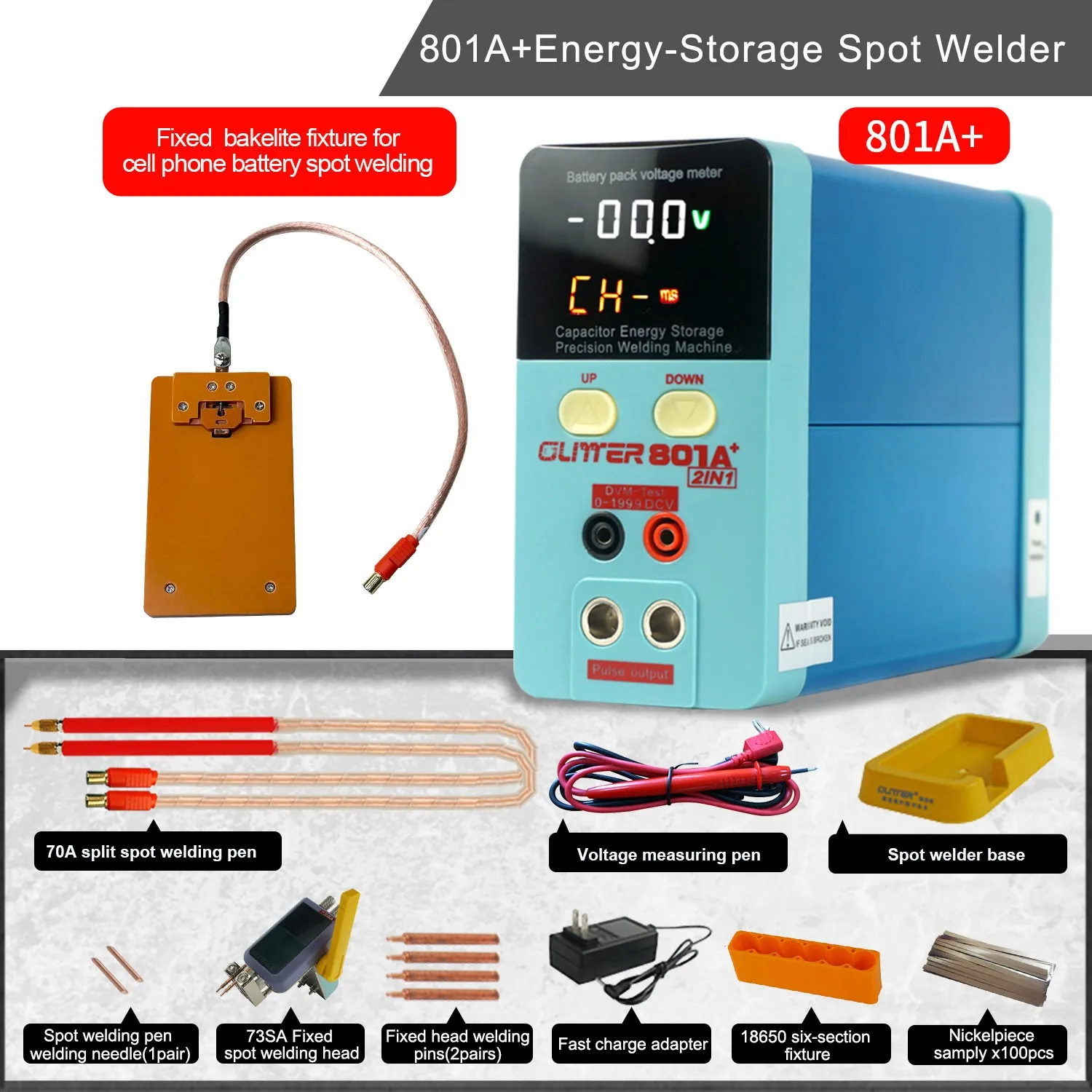 Maxgeek 801A + baterai deteksi voltase DC multifungsi, mesin las Spot penyimpanan energi